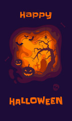 Happy Halloween vector poster of pumpkin lantern and spooky graveyard bats