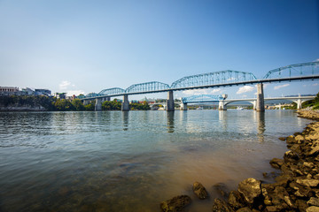 Fototapeta na wymiar Bridges of Chattanooga - The Walnut Street Bridge and the Market Street Bridge are featured in this image of downtown Chattanooga, TN