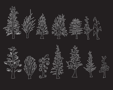 Set of tree doodles vector line on chalkboard eps10