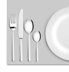 Set of cutlery of fork, spoon and plate. Vector illustration on gray background. Ready for your design.