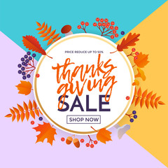 Thanksgiving autumn fall sale banner shopping discount vector poster maple leaf