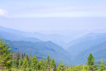 Travel, trekking. Summer landscape - mountains, green grass, trees and blue sky. Horizontal frame