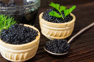 Fototapeta na wymiar Fresh caviar for snacks and alcohol. Russian appetizer.