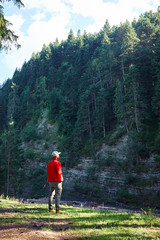 Fototapeta na wymiar Hiker observing stone cliff with forest