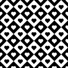 Hearts in rhombus. Vector seamless pattern background in black and white.