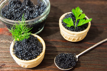 Fresh caviar for snacks and alcohol. Russian appetizer.