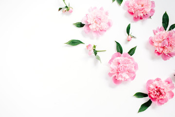 Flower pattern of pink peony flowers, branches, leaves and petals on white background. Flat lay, top view. Peony flower texture. - obrazy, fototapety, plakaty