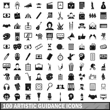 100 artistic guidance icons set, simple style 