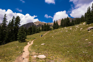 Mountain trail, green meadow and distant mountains, Colorado. USA