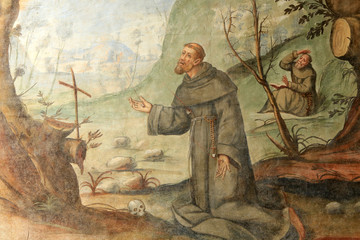 Saint-François d'Assise. Sanctuaire Madonna del Sasso. XVIe siècle. Locarno. Orselina. Suisse. St. Francis of Assisi. - obrazy, fototapety, plakaty