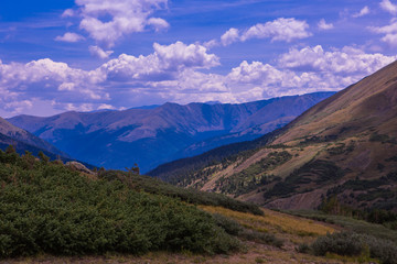 Fototapeta premium View on a mountains and hills with green grass on it and blue sky. Colorado. Mountain Evans. Denver. USA
