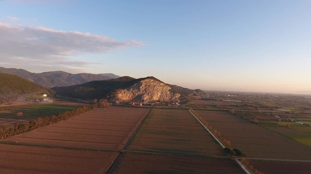 Aerial shot, fall landscape, flying above fields, filmed with drone