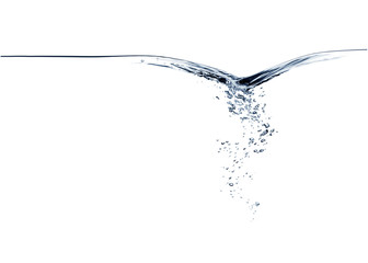 Blue water wave whirlpool swirl and bubbles isolated on white