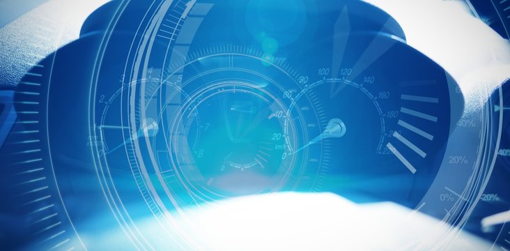 Composite image of interfaces dial in dark blue background with