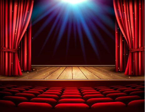 Festival night show poster. A theater stage with a red curtain and a spotlight. Vector.