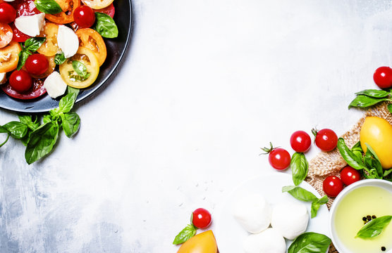Cooking background, ingredients for caprese salad, top view