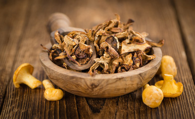 Dried Chanterelles close-up shot, selective focus