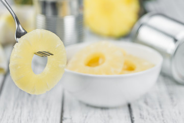 Preserved Pineapple Rings close-up shot, selective focus