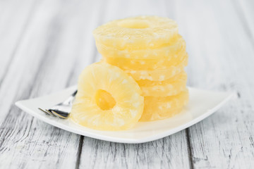 Preserved Pineapple Rings close-up shot, selective focus