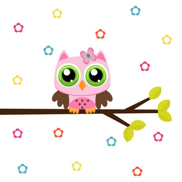 Owl on a branch with flowers