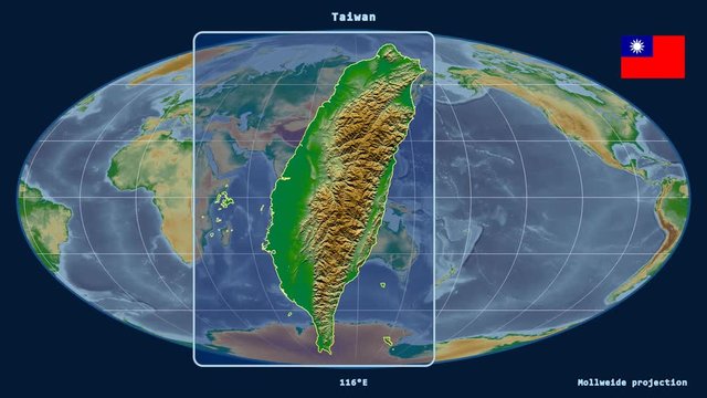 Taiwan - 3D tube zoom (Mollweide projection). Bumps shaded