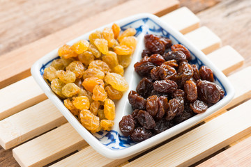 Raisins on a wood background.
