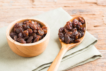 Raisins on a wood background.