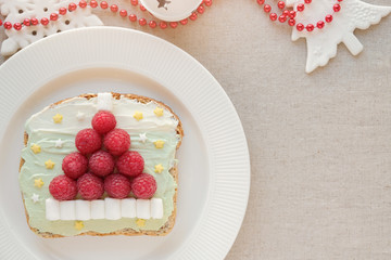 Santa hat unicorn creamcheese toast breakfast, fun Christmas food art for kids