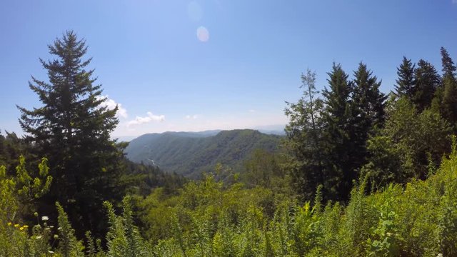 Great Smoky Mountains National Park with time lapse clouds moving over mountain peak, valleys and meadows at New Newfound Gap,Cherokee,North Carolina
