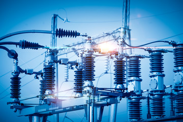 High voltage power transformer substation - obrazy, fototapety, plakaty
