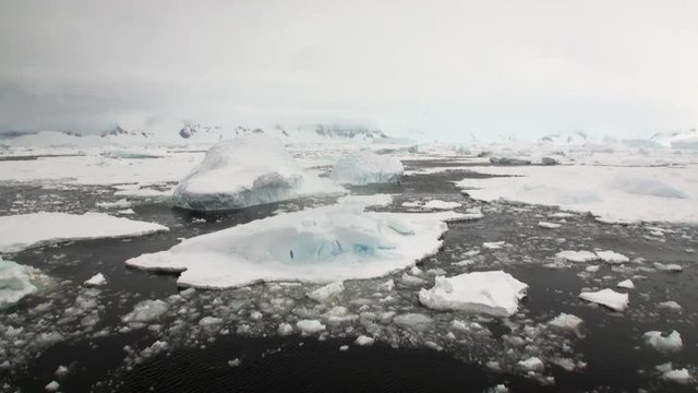 Ice movement and snow coastline in ocean of Antarctica. Amazing unique beautiful wilderness nature and landscape of white mountains. Extreme tourism cold desert north pole.
