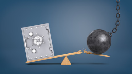 3d rendering of a large vintage safe box stands at a wooden seesaw overweighing a wrecking ball that breaks the plank.