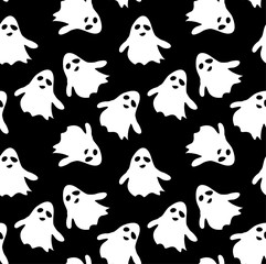 Seamless pattern black background with white endless ghost on halloween festive, Vector illustration