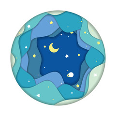 Dark night sky with moon and stars background, paper cut style