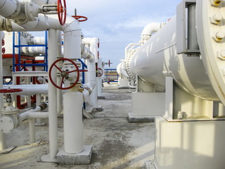 Heat exchangers in a refinery. The equipment for oil refining