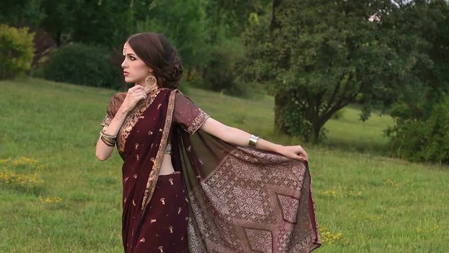 Beautiful brunette with makeup and hairstyle in Indian dress saree and mehendi drawings in park.