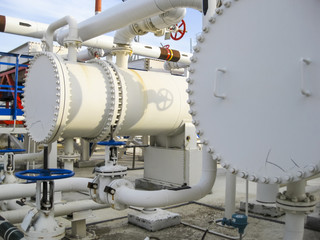 Heat exchangers in a refinery. The equipment for oil refining