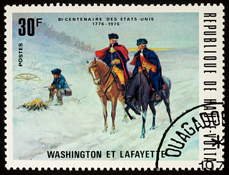 George Washington and general Lafayette on postage stamp