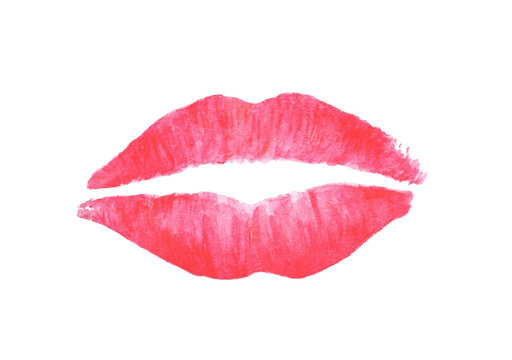 Sexy woman lips painted by pink lipstick, Lipstick kiss, Hand drawn watercolor illustration painting isolated on white background. 