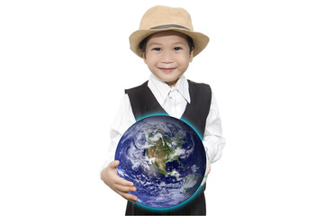 asian boy with D globe on hand hologram Elements of this image are furnished by NASA