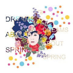 Woman portrait with beautiful flowers and text "Dreams about spring". Fashion background.