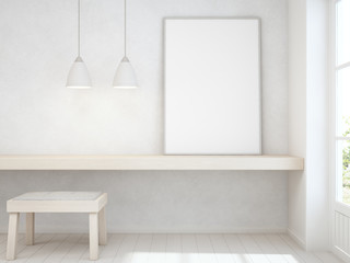 White empty frame mock up on wooden table with concrete wall background, Chair and desk near door in bright room of modern scandinavian house - Home office 3d rendering