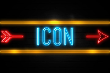 Icon  - fluorescent Neon Sign on brickwall Front view