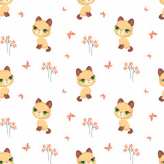 Vector colorful seamless pattern with the image of cute cats in cartoon style.