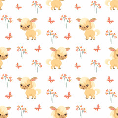 Vector colorful seamless pattern with the image of farm animals in cartoon style.