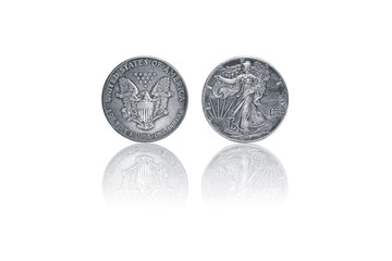 1987 old silver dollar united state of america coin on isolated white background
