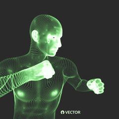 Boxer. Fighting man. 3d model of man. Vector illustration.