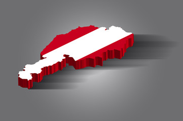 Country shape of Austria - 3D render of country borders filled with colors of Austria flag isolated on white background. Made in Austria concept in the national colors. Austria 3d map with flag.