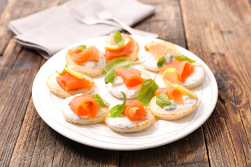 toast with cream and salmon, buffet food
