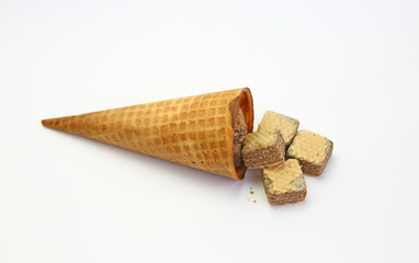 Ice cream cones and Wafers with chocolate isolated on white background.